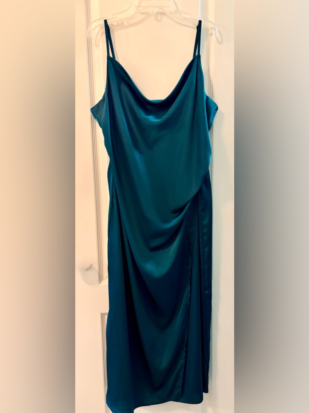 Nicole Miller Spaghetti Strap Teal Satin Slip Dress Gathered Side & Drape Neck